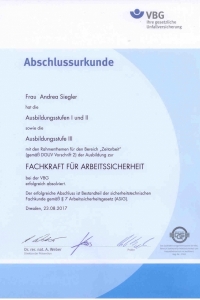 Abschlussurkunde FaSi VBG Zeitarbeit
